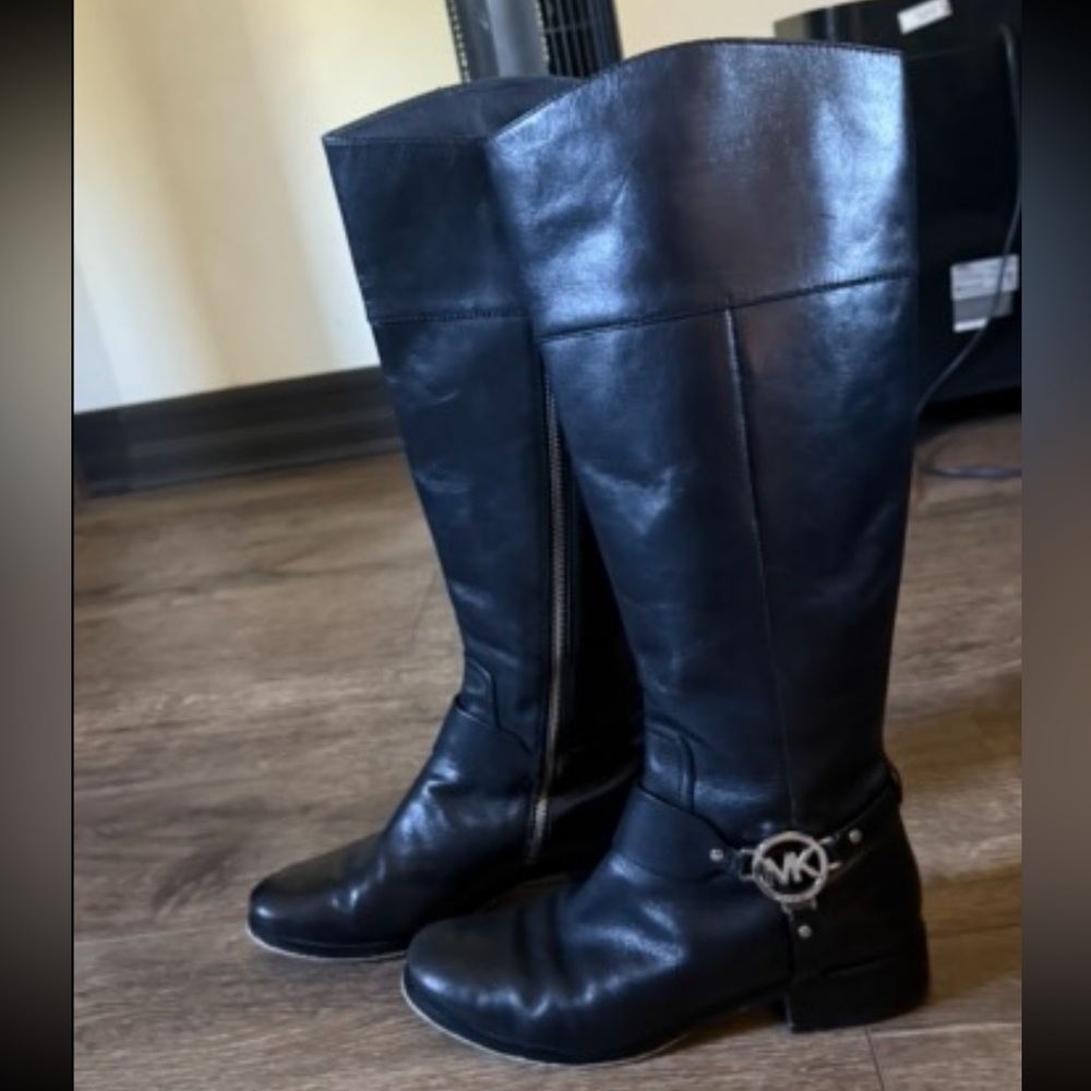 Michael Kors MK Logo Tall Riding Boots Women's 9M Black Leather Zip Up